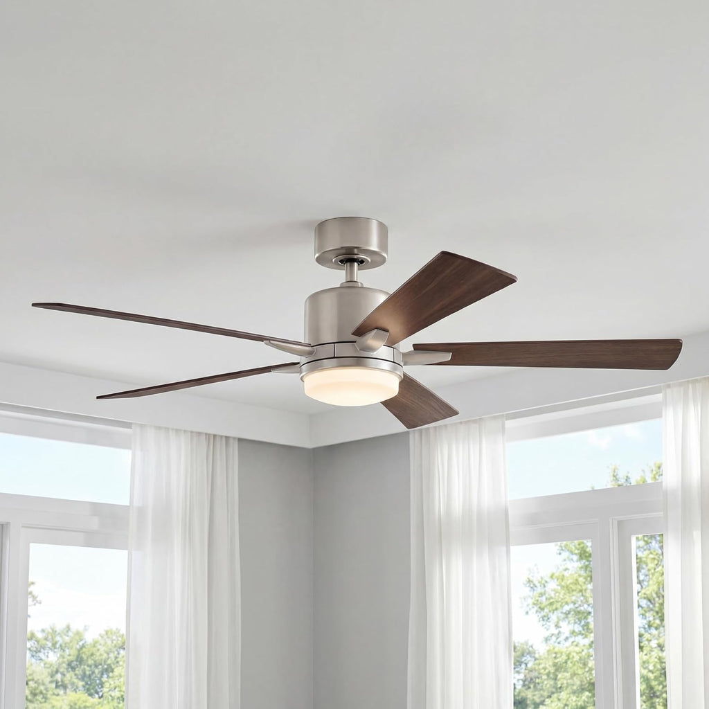 KICHLER 330000NI Protruding Mount, 5 Silver/Walnut Blades Ceiling fan with 73 watts light, Brushed Nickel