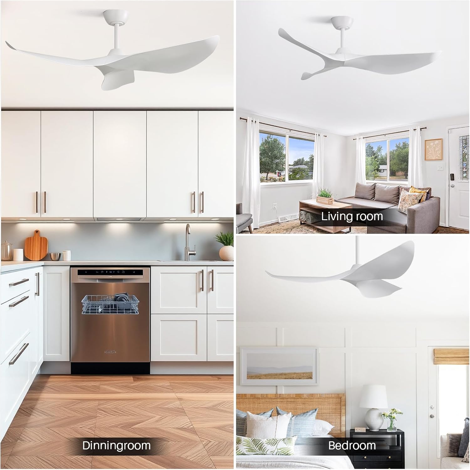 CACI Mall 52' White Ceiling Fan No Light, Modern, Remote Control, Low Profile, 3 Blades Ceiling Fan with Noiseless Reversible Dc Motor for Living room, Bedroom