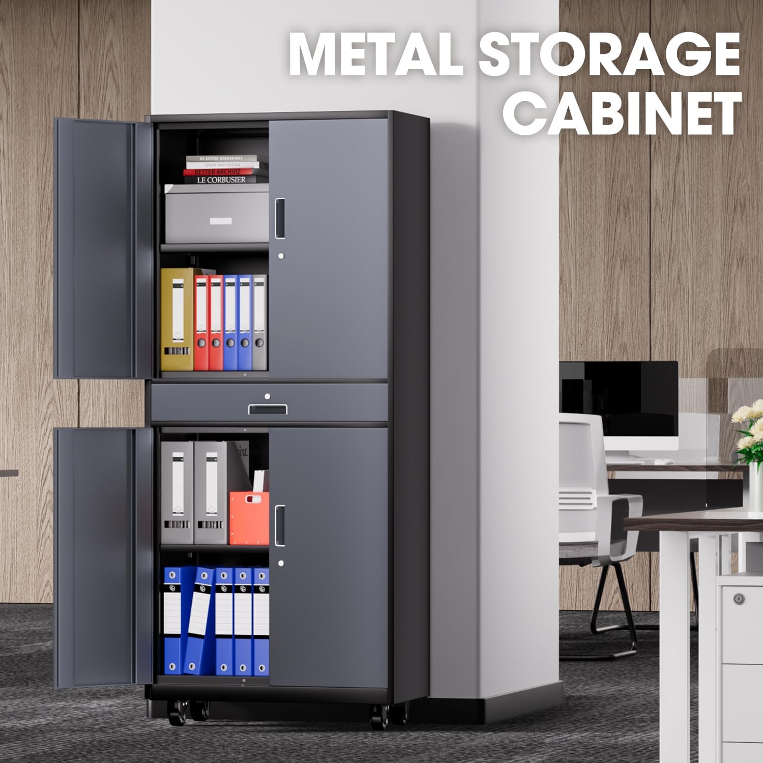 DNA Motoring Metal Storage Cabinet, 73'' Rolling Garage Cabinet with 1 Drawer and Adjustable Shelves, Lockable Cabinet Heavy Duty Utility Cabinet for Garage,Office,Home,Gray Black, TOOLS-00630-GY-BK