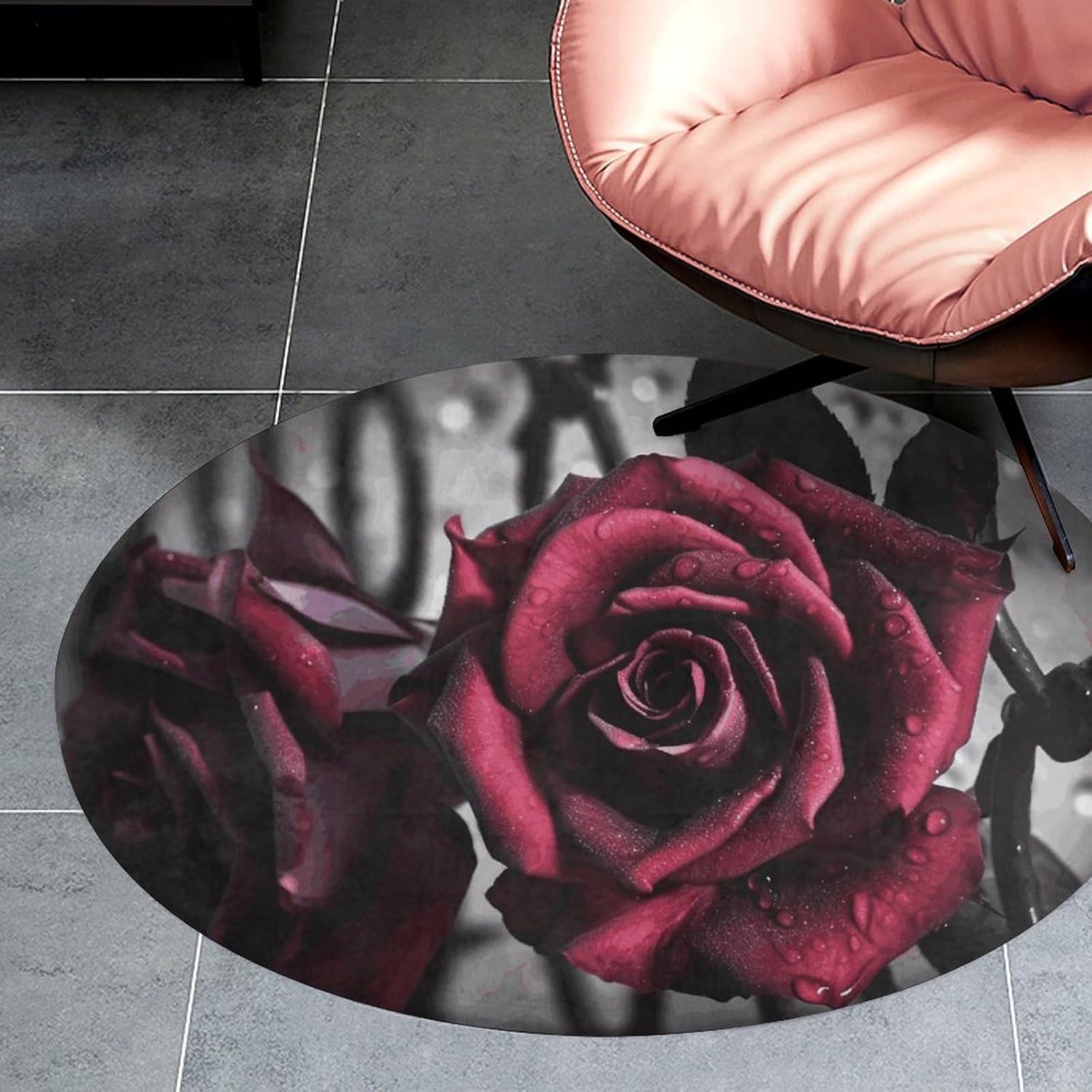Gothic Roses Coral Velvet Round Floor Mat Non-Slip Bath Rug Floor Covering for Bathroom Vanity Guest Suite & Vacation Home