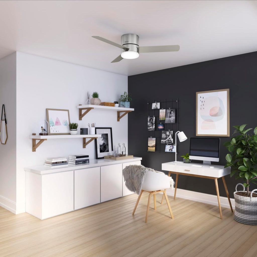 Hunter 52 inch Indoor Ceiling Fan with Light and Remote Control - For Bedroom or Living Room, Low Profile Flush Mount, Modern Ceiling Fan with LED Light, Quiet, 3 Blades- Minimus 51431, Brushed Nickel