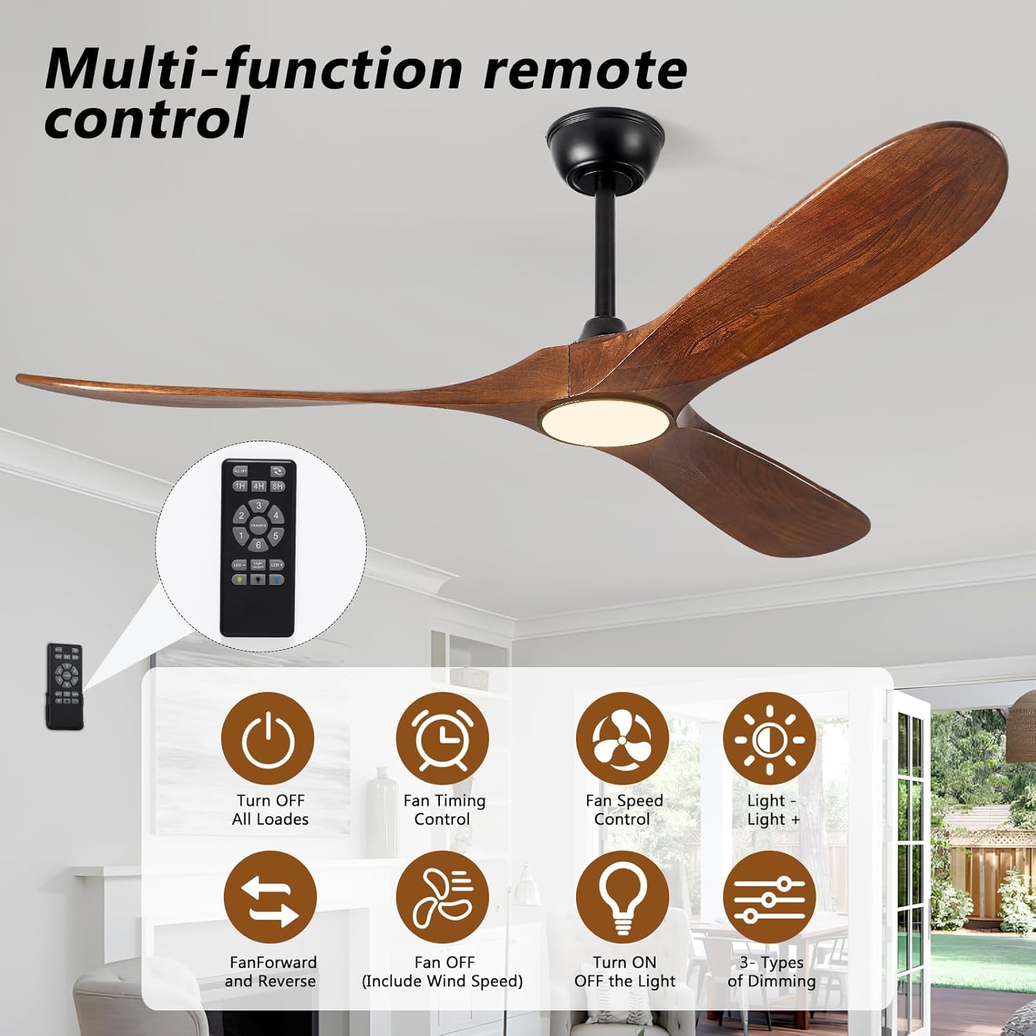 60' Ceiling Fan with Light and Remote, 6-Speed Dimmable Outdoor Ceiling Fan, High CFM Quiet 3 Blade Wood Ceiling Fan, Puoyro Modern Propeller Ceiling Fan for Outdoor Indoor Living Patio Porch (Walnut)
