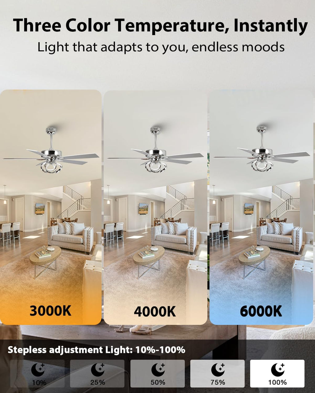 Ceiling Fans with Lights and Remote - Modern Silver Ceiling Fan with Light and Remote, 3CCT, 6 Speeds, Quiet, Dual-Sided Reversible Blades Indoor Outdoor Chandelier Fan for Bedroom Living Room