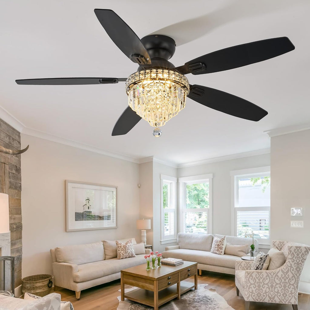 Crystal Ceiling Fan Fandelier with Lights-Ceiling Fans with Lights,54' Low Profile and Remote Control, Flush Mount, Reversible, Dimmable, Noiseless, Black Ceiling Fan for Bedroom