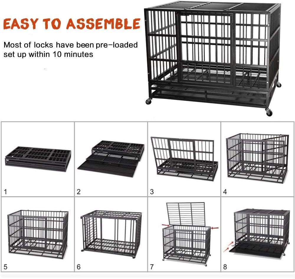 LEMBERI 42 Inch Heavy Duty Indestructible Dog Crate, High Capacity Escape Proof Double Door Kennel with Lockable Wheels, 35' Tall Medium Dog Cage with 0.8' Steel Tubes, Removable Tray, Black