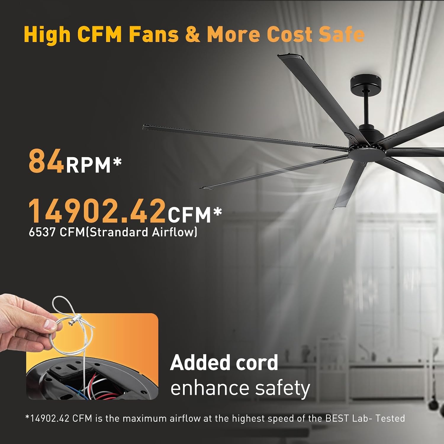 Minislak 96 Inch HVLS Aluminum 7 Blades Industrial & Commercial Ceiling Fan no Light,8ft High CFM DC Motor,6-Speed,Indoor Outdoor Ceiling Fan for Patio,Garage,Shop,Library(Black)