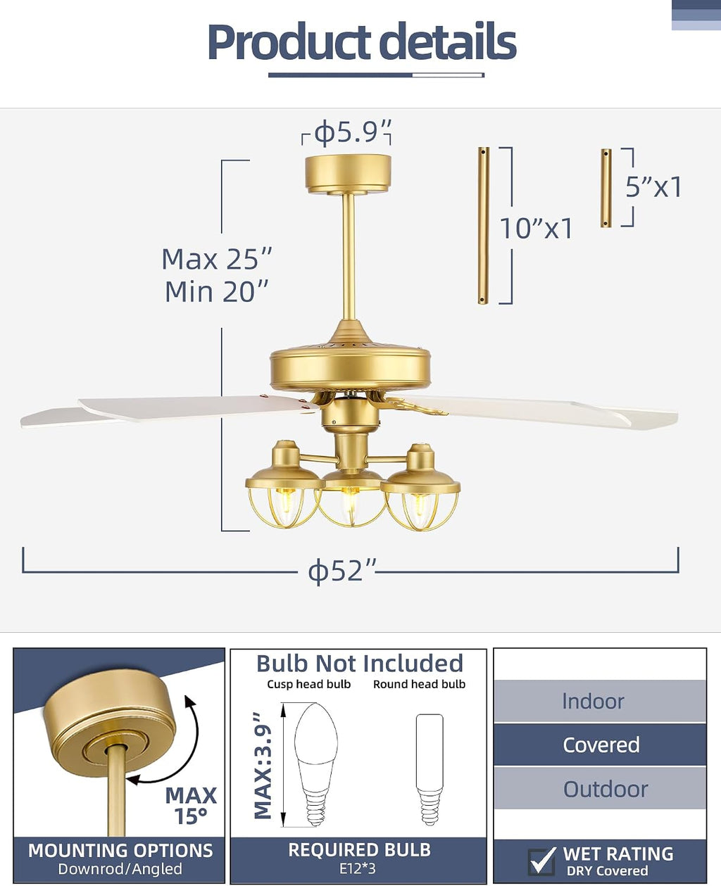 YOUKAIN Farmhouse Wooden Ceiling Fans, 52 Inch Industrial Ceiling Fan with 3 Lights and Remote Control, 5-Reversible Blades Indoor/Outdoor, Gold/Wood Finish, 52-YJ631-GD