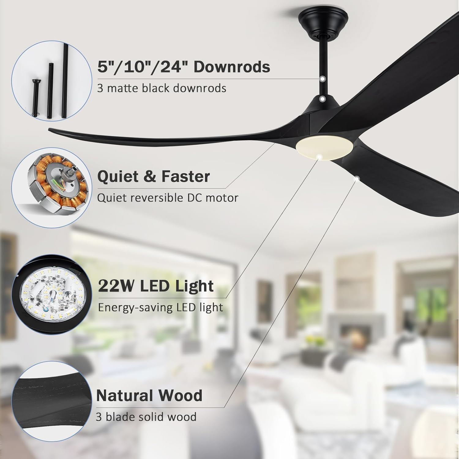 70 Inch Black Outdoor Ceiling Fan with Lights, Damp Rated for Patio Porch, High CFM Quiet DC Motor, 3 Solid Wood Propeller Blades, Modern Rustic Farmhouse Style, for Large Living Room Commercial Use