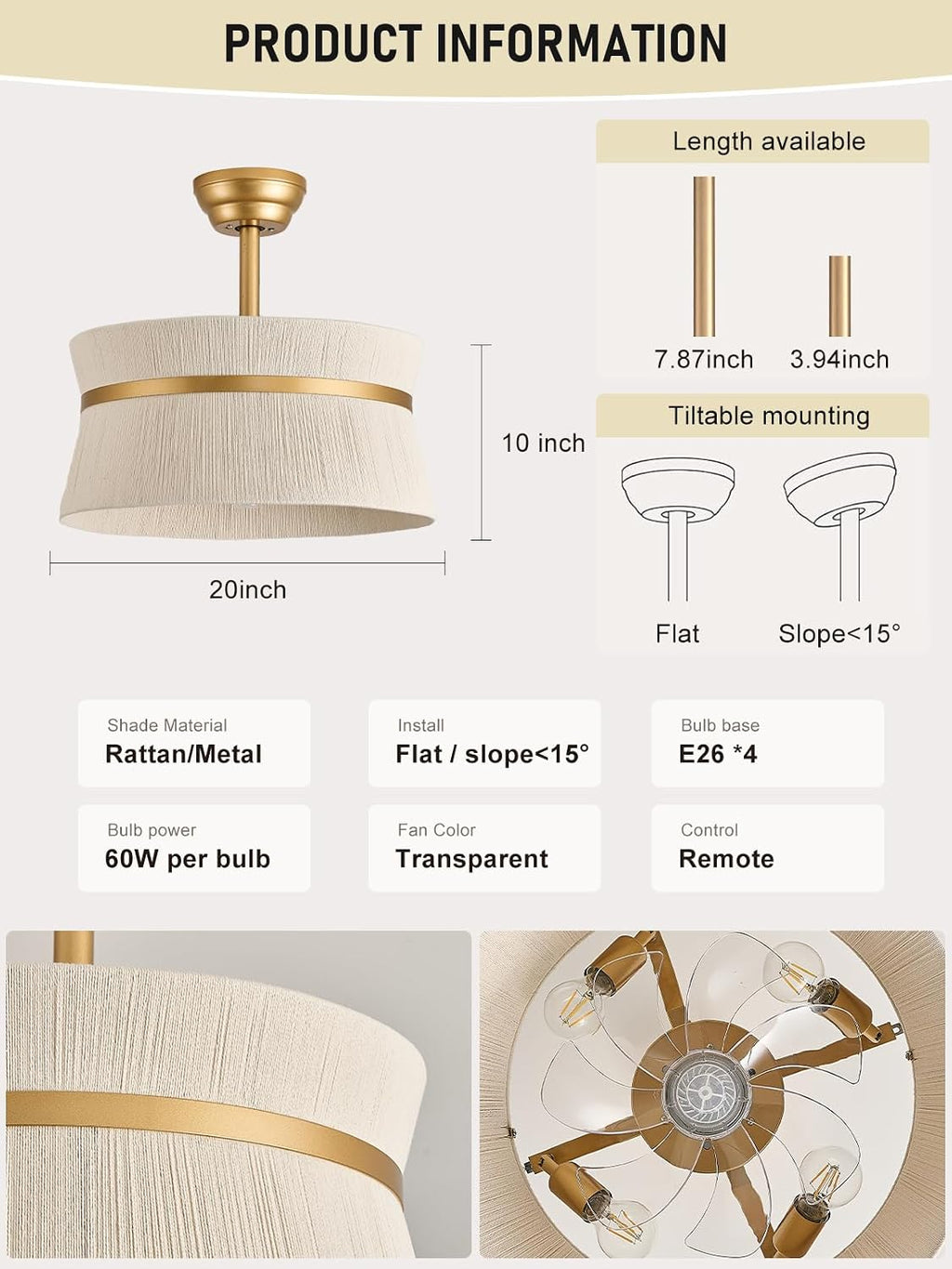 Boho Caged Ceiling Fan with Light，Rattan Fandelier Ceiling Fan with Light and Remote Control, Coastal Chandelier Fan for Bedroom, Living Room,Kitchen,Foyer(20 Inch, 6 Speed, Timing Adjustable Height)