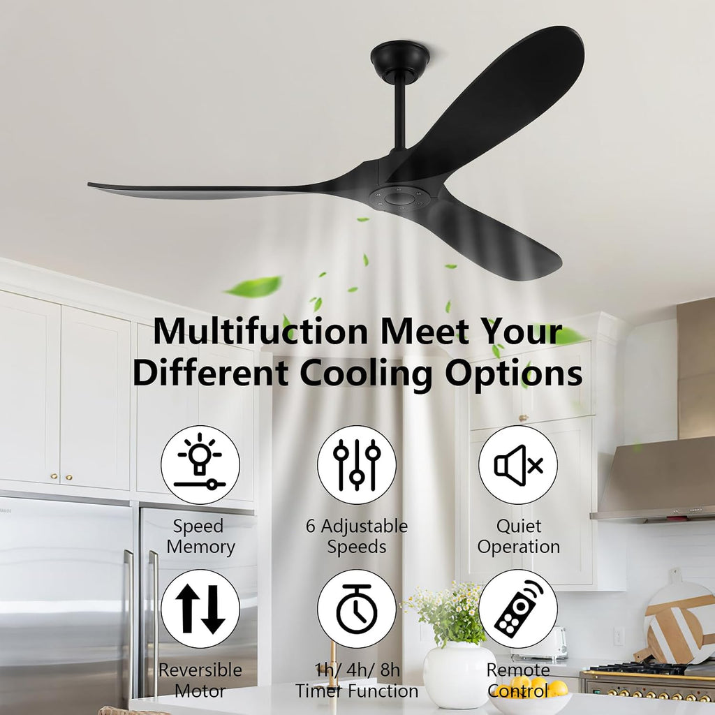 60'' Outdoor Ceiling Fan without Light,Large Airflow with 3 Solid Wood Blades,Black Ceiling Fan with DC Reversible and Silent Motor for Porch,Living Room,Garage.