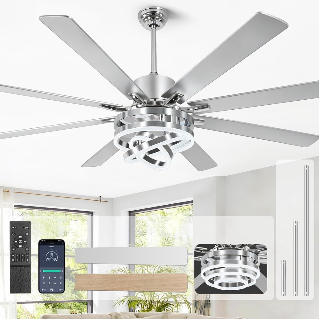 72' Ceilling Fans with Lights, Chandelier Fan Modern DC Motor Dimmable Led Fandelier Ceiling Fan with Light for Bedroom, Living Room, Indoor/Outdoor, Silver
