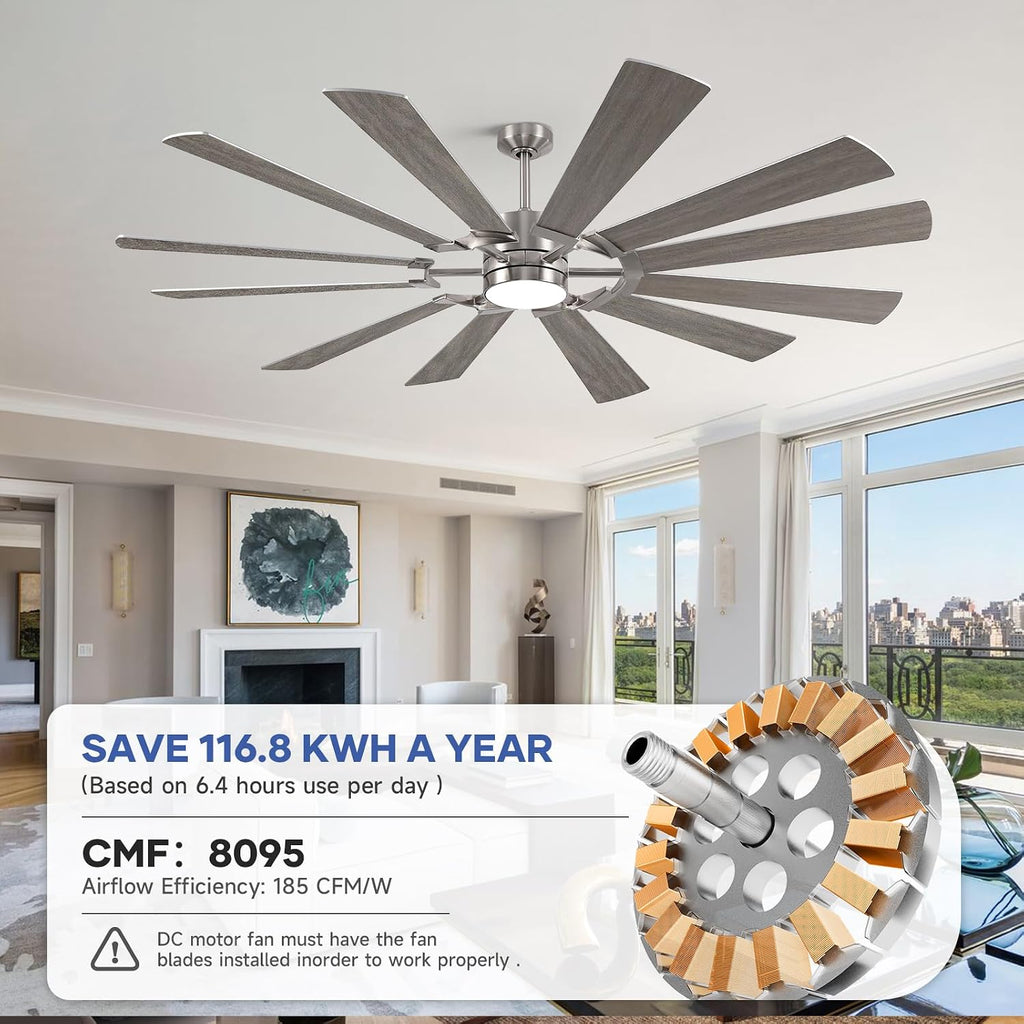 72'' Farmhouse Ceiling Fan with Light,12 Dual-Finish Wind Mill Blades, 3 Downrods, 6-Speed Reversible DC Motor, High CFM, 3CCT, Indoor Outdoor Modern Industrial Fans for Patio Commercial Shop Garage