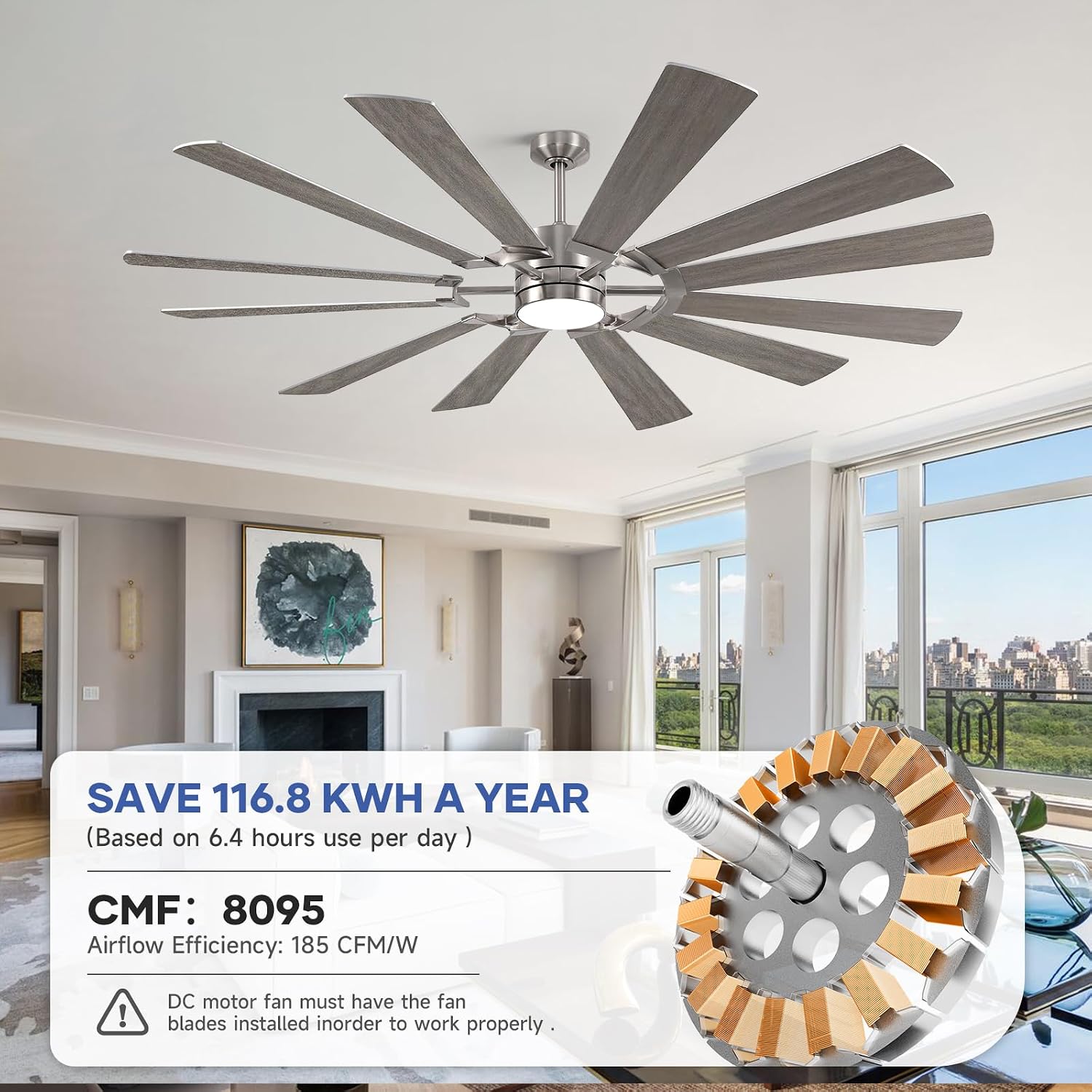 72'' Farmhouse Ceiling Fan with Light,12 Dual-Finish Wind Mill Blades, 3 Downrods, 6-Speed Reversible DC Motor, High CFM, 3CCT, Indoor Outdoor Modern Industrial Fans for Patio Commercial Shop Garage