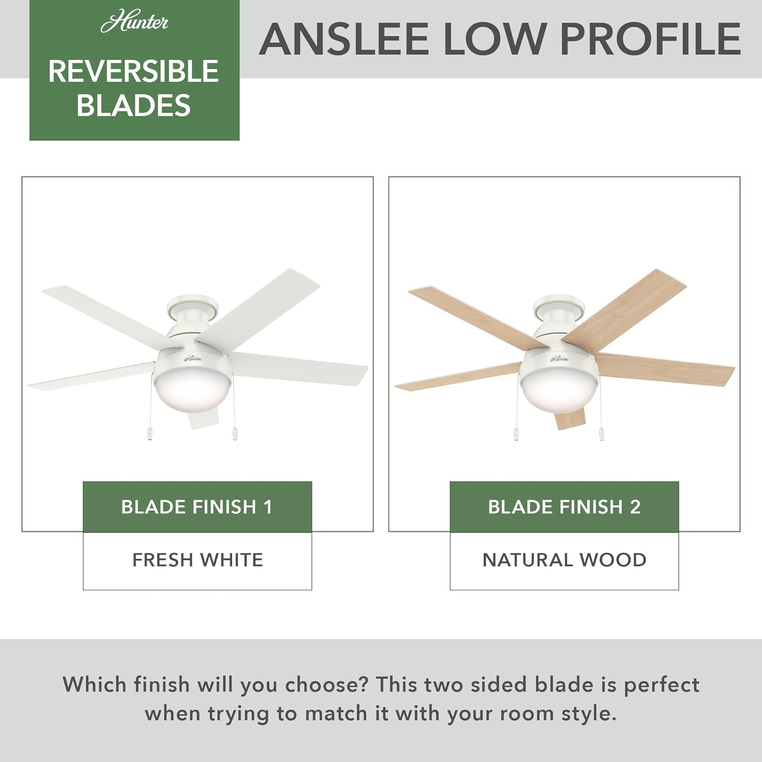 Hunter 46 inch Indoor Ceiling Fan with LED Light - White Ceiling Fan with Pull Chain, For Bedroom, Living Room, or Kitchen, Low Profile Mount, No Remote, 5 Blades - Anslee 59269, Fresh White