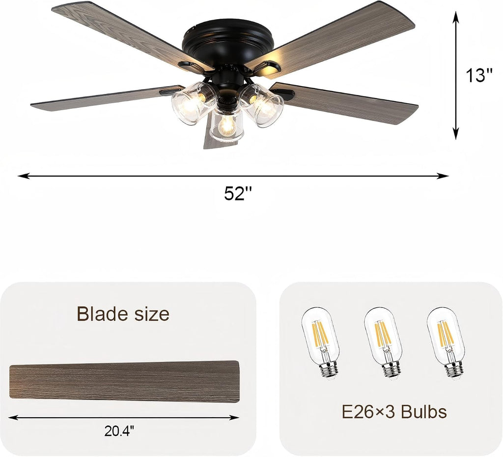 52 Inch Vintage Ceiling Fan with Lights and Remote, Flush Mount Farmhouse Ceiling Fan Rustic Fandelier 3-Lights Chandelier for Bedroom Living Room Dining Room, 5 Reversible Blades 6 Speeds