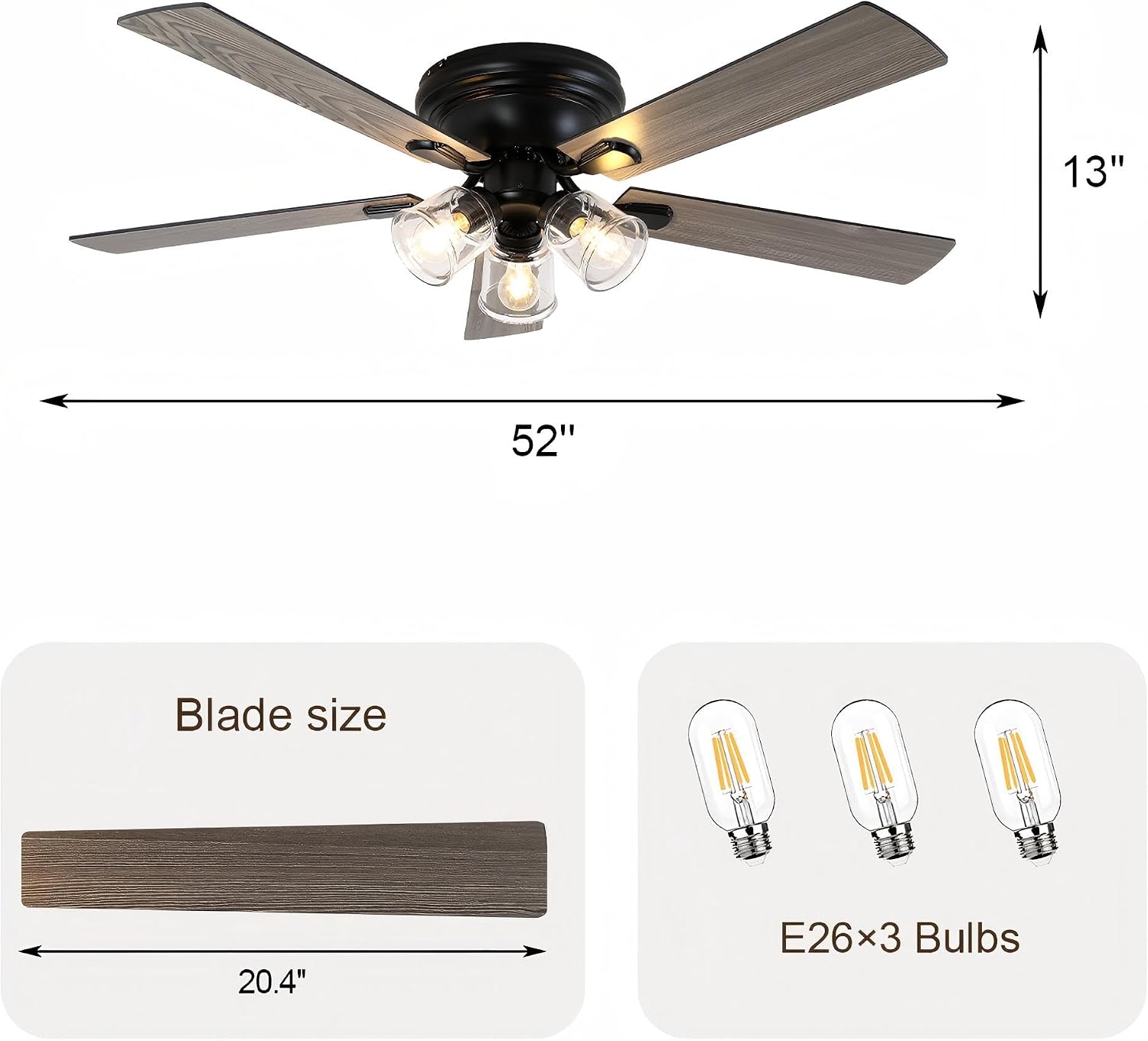 52 Inch Vintage Ceiling Fan with Lights and Remote, Flush Mount Farmhouse Ceiling Fan Rustic Fandelier 3-Lights Chandelier for Bedroom Living Room Dining Room, 5 Reversible Blades 6 Speeds