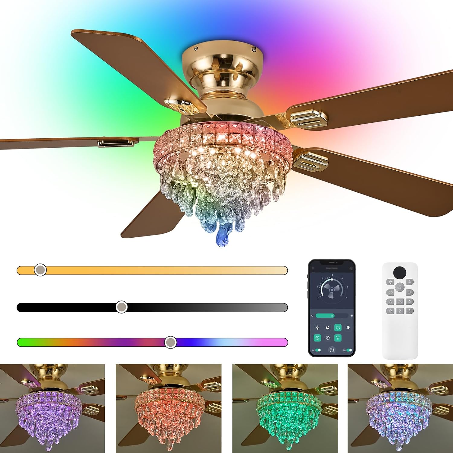 52' Crystal Ceiling Fans with RGB Lights, Remote/App Control, Luxury Fandelier Ceiling Fan Flush Mount, Reversible DC Motor, Dimmable, Bedroom Chandelier Fan, (Gold)