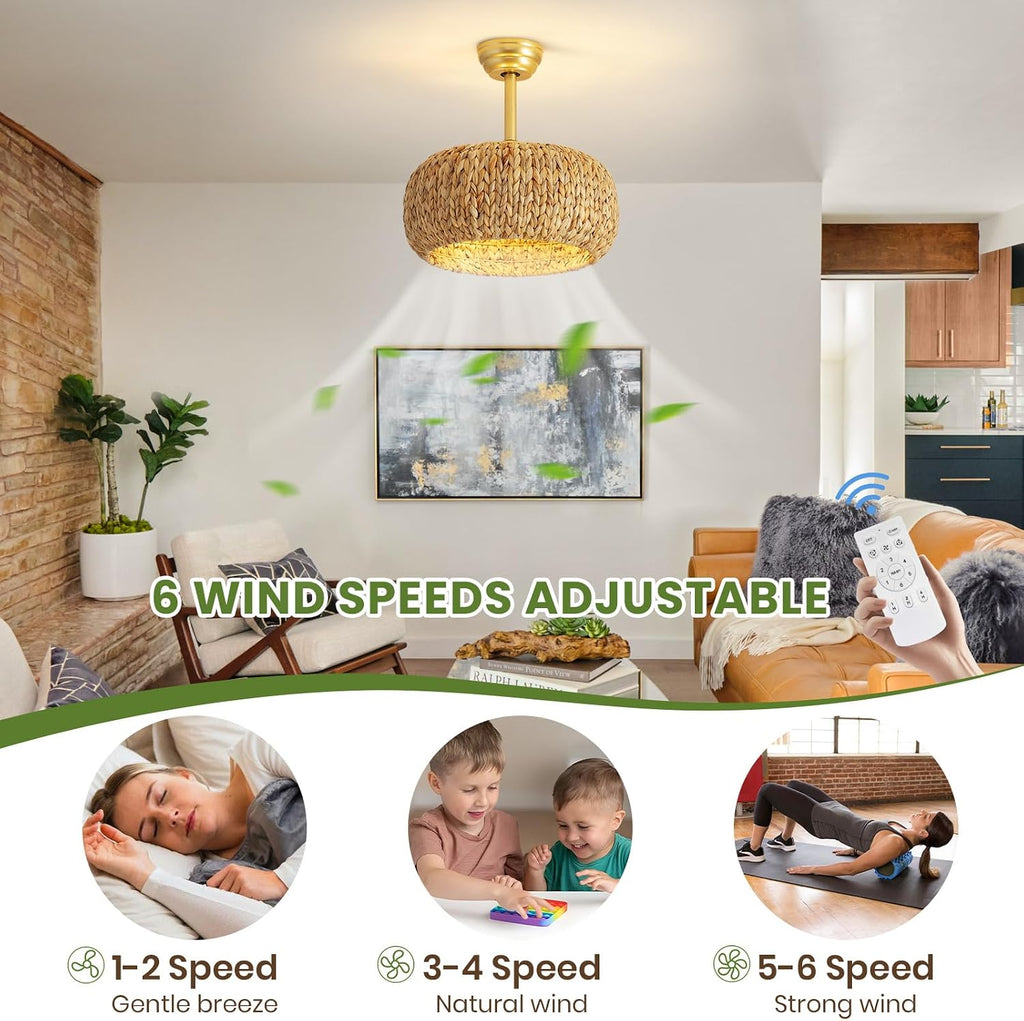 17.7' Caged Rattan Ceiling Fans with Lights, Boho Flush Mount Ceiling Fan with Light, Low Profile Chandelier 6 Speed Bladeless Reversible Ceiling Fan for Living Room Bedroom kitchen island dining room