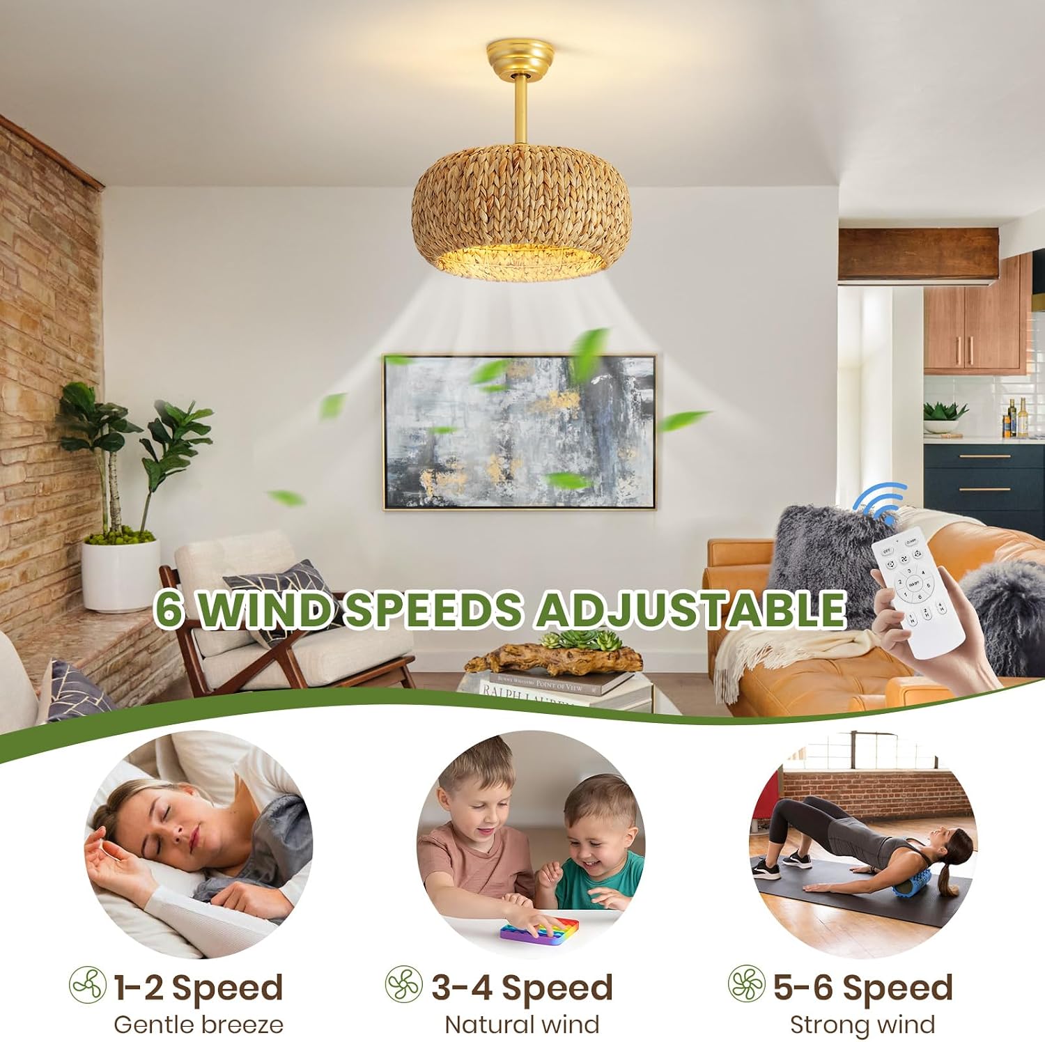 17.7' Caged Rattan Ceiling Fans with Lights, Boho Flush Mount Ceiling Fan with Light, Low Profile Chandelier 6 Speed Bladeless Reversible Ceiling Fan for Living Room Bedroom kitchen island dining room