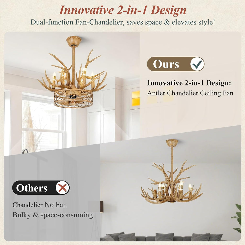 Antler Chandelier Ceiling Fan, 26' Rustic Farmhouse Ceiling Fan with 6 Lights, Retro Country Style Deer Horn Chandelier Lighting, Antler Lamp for Cafes, Bars, Kitchen, Dining Room, Living Room