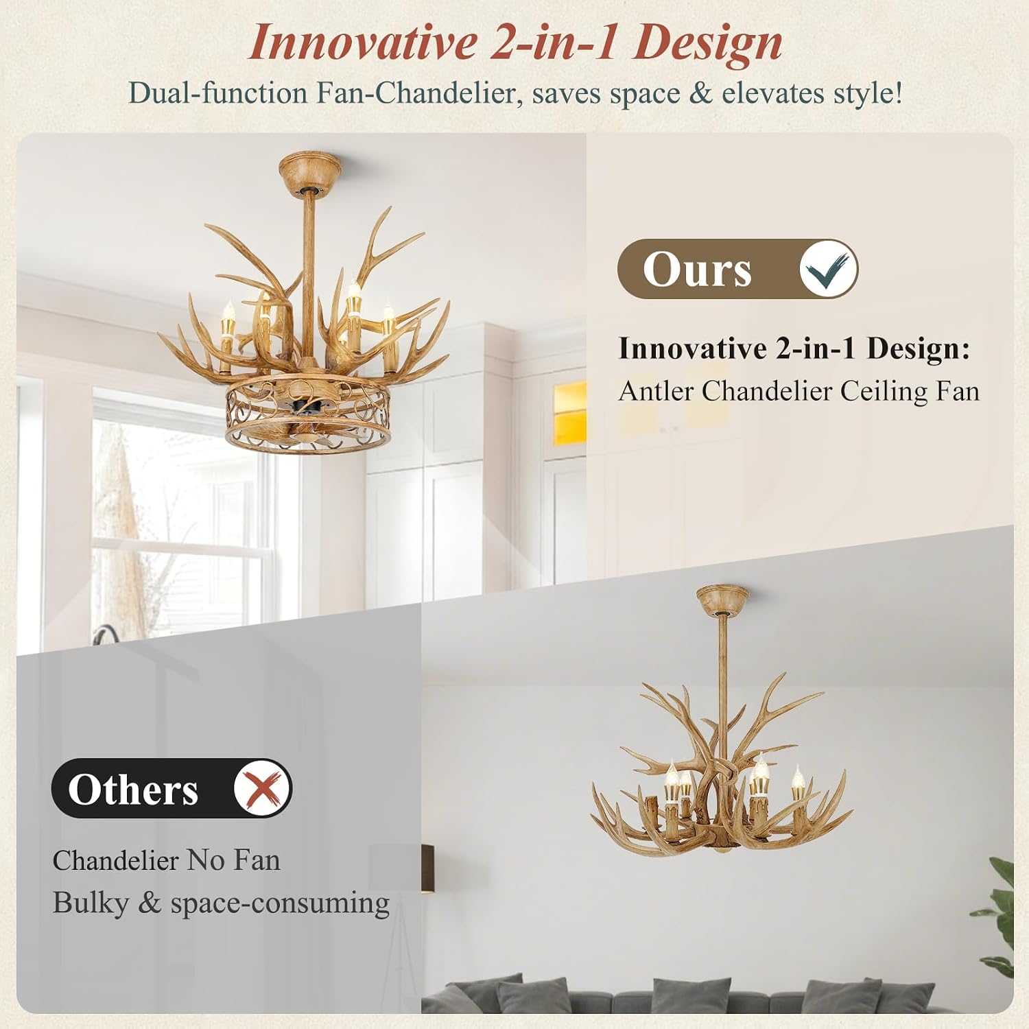 Antler Chandelier Ceiling Fan, 26' Rustic Farmhouse Ceiling Fan with 6 Lights, Retro Country Style Deer Horn Chandelier Lighting, Antler Lamp for Cafes, Bars, Kitchen, Dining Room, Living Room