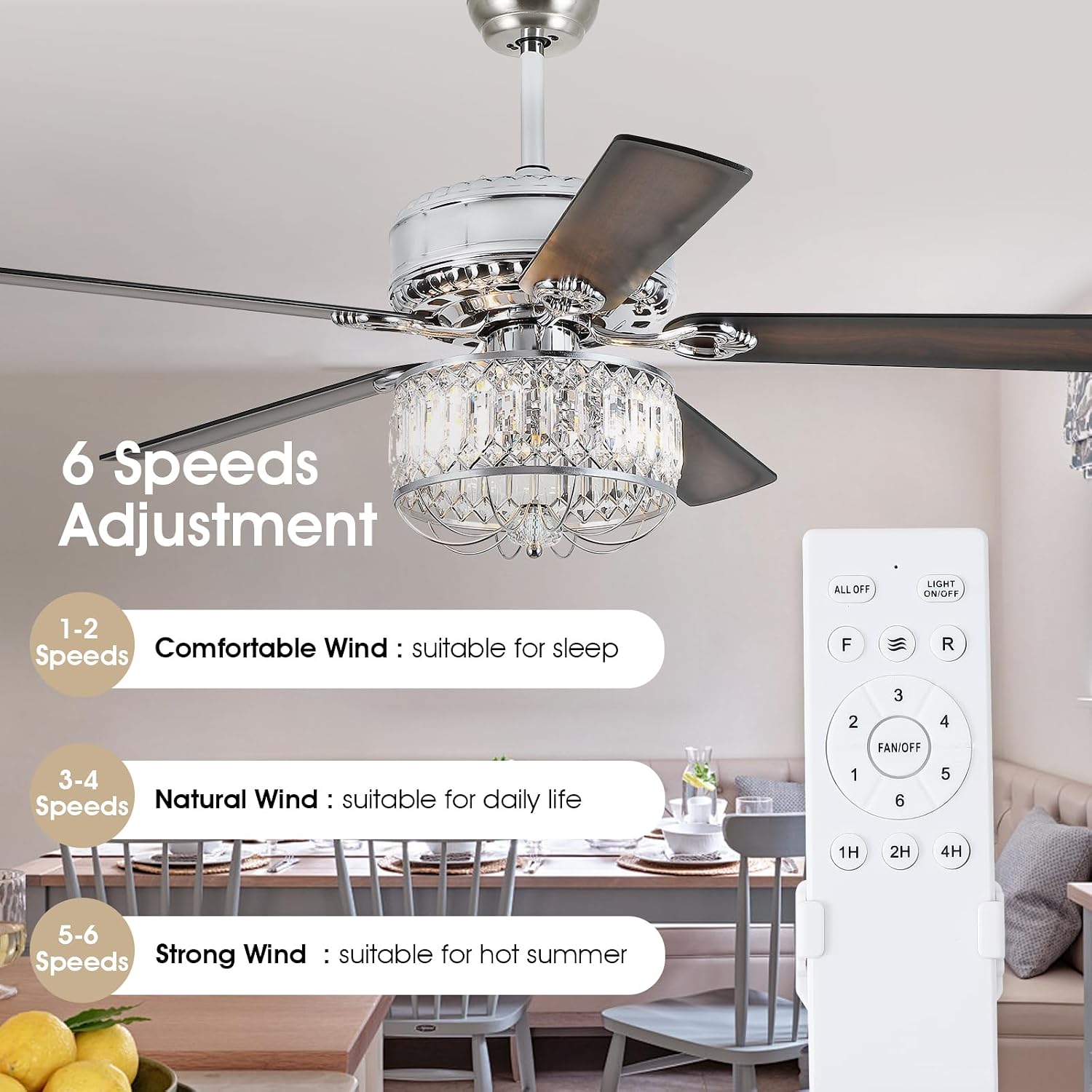 Kviflon Farmhouse Crystal Ceiling Fans with Lights and Remote, 52 Inch Chandelier Ceiling Fans, Chrome Fandelier Ceiling Fan for Bedroom Living Room, Quiet DC Motor, Reversible, Bulb not Included