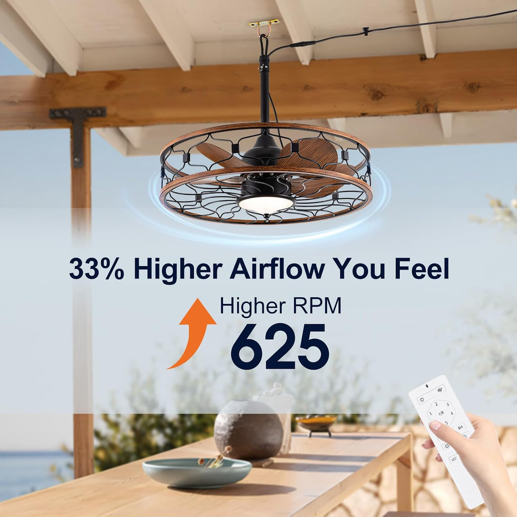Outdoor Ceiling Fans For Patios Waterproof, Plug In Gazebo Fan Outdoor Hanging With Hook, 3 Color Light Remote Control, Strong 6 Speed, 24 inch Small Fan for Outside Porch, Pergola, Garage