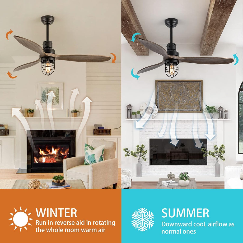 WWM 52 in Farmhouse Outdoor Ceiling Fan with Light, Modern Bedroom Fans with Remote, 3 Wood Blades Industrial Outdoor Ceiling Fans for Patios with Reversible Motor