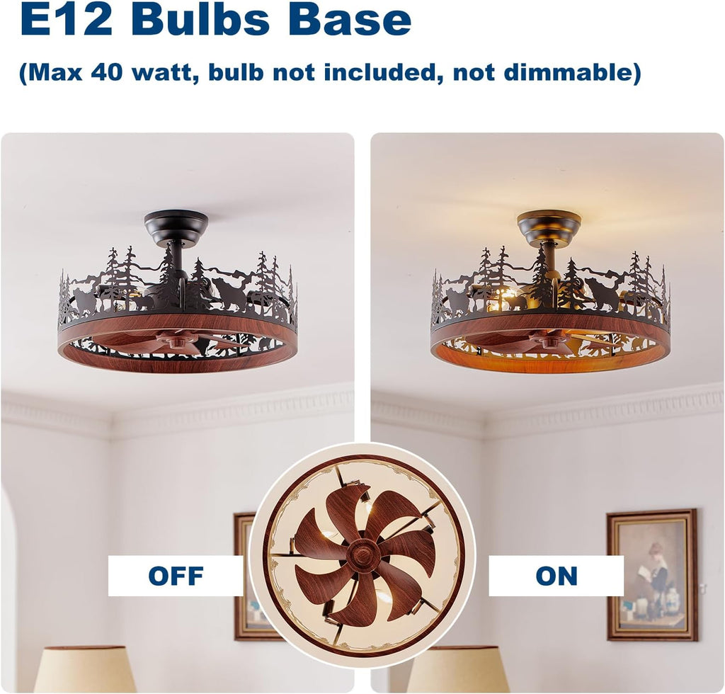 Farmhouse Rustic Ceiling Fan with Light and Remote, 21.7' Flush Mount Enclosed Bladeless Black Chandelier Fan with Forest and Bear, Reversible Fandelier Ceiling Fan for Living Room Bedroom