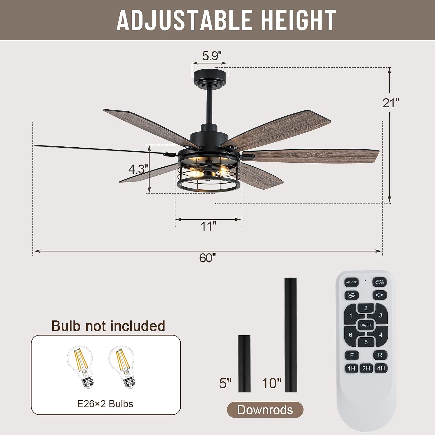 60' Large Ceiling Fans with Lights,Modern Farmhouse Caged Ceiling Fan with Light and Remote,6 Speeds,Reversible Motor,6 Double Finish Wood Blades,Black Rustic Ceiling Fan for Living Room Dining Room