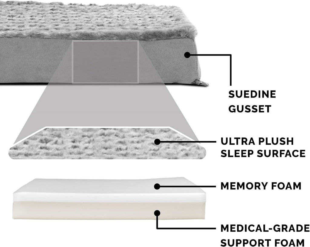 Furhaven Memory Foam Dog Bed for Large Dogs w/ Removable Washable Cover, For Dogs Up to 125 lbs - Ultra Plush Faux Fur & Suede Mattress - Gray, Jumbo Plus/XXL