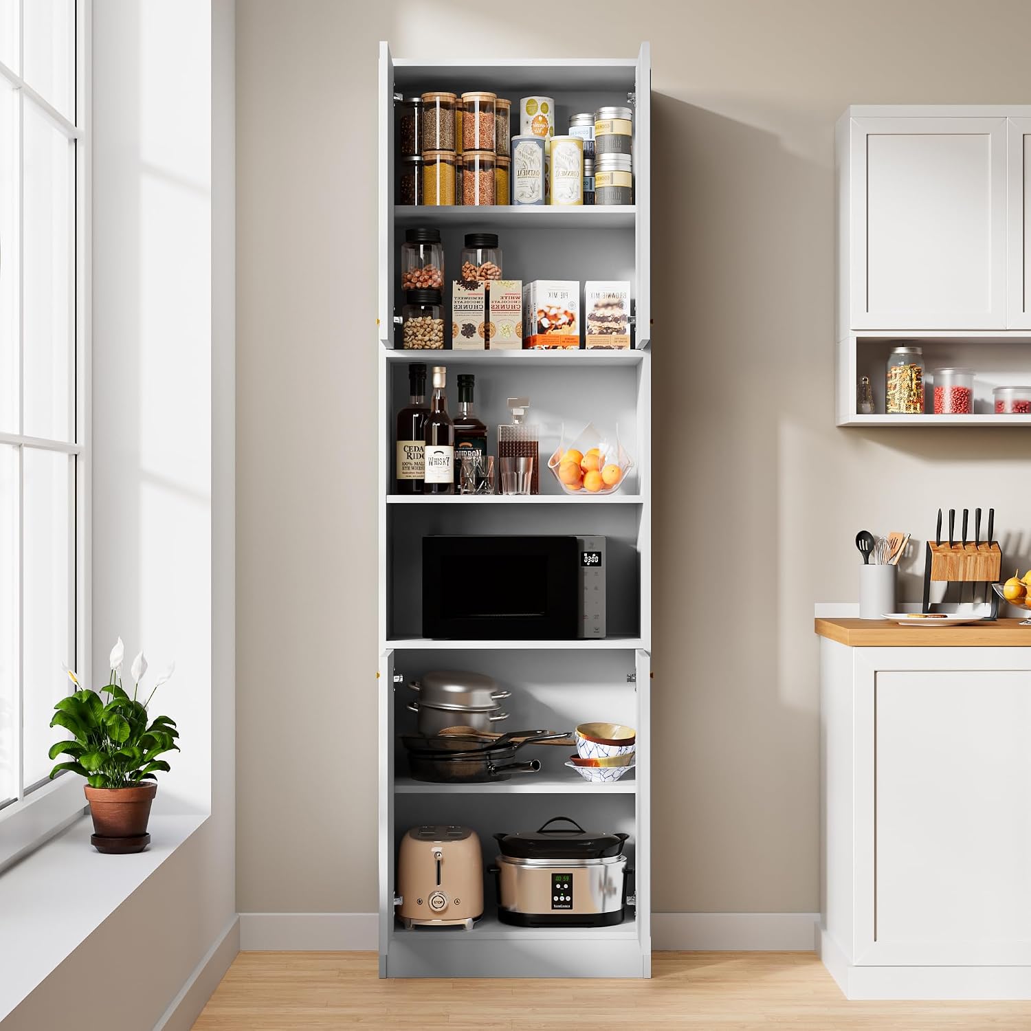Cozy Castle Kitchen Pantry Cabinet, 75' Tall Wood Storage Cabinet with Doors and Shelves, 4 Doors Open Countertop Utility Hutch Cupboard for Dining Room Living Room Bathroom Furniture, White