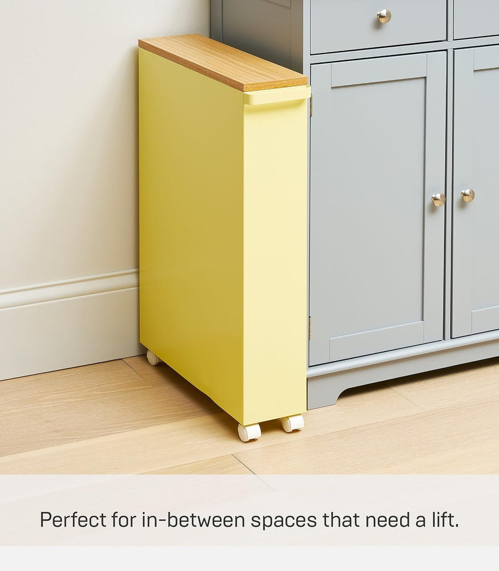 YAMAZAKI Home Slim Rolling Storage Cart – Narrow Bathroom Storage Cabinet with Handle, Slim Bathroom Storage Cart with Wheels, Easy Assembly, Steel + Wood, Yellow, 27' - Steel -