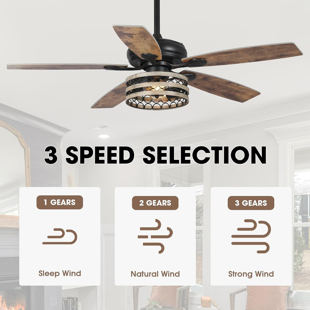 Parrot Uncle Ceiling Fans with Lights and Remote, 52 Inch Farmhouse Ceiling Fan with Light for Bedroom Living Room, Black Outdoor Ceiling Fans for Patios Covered, 3 Speeds, Reversible Airflow