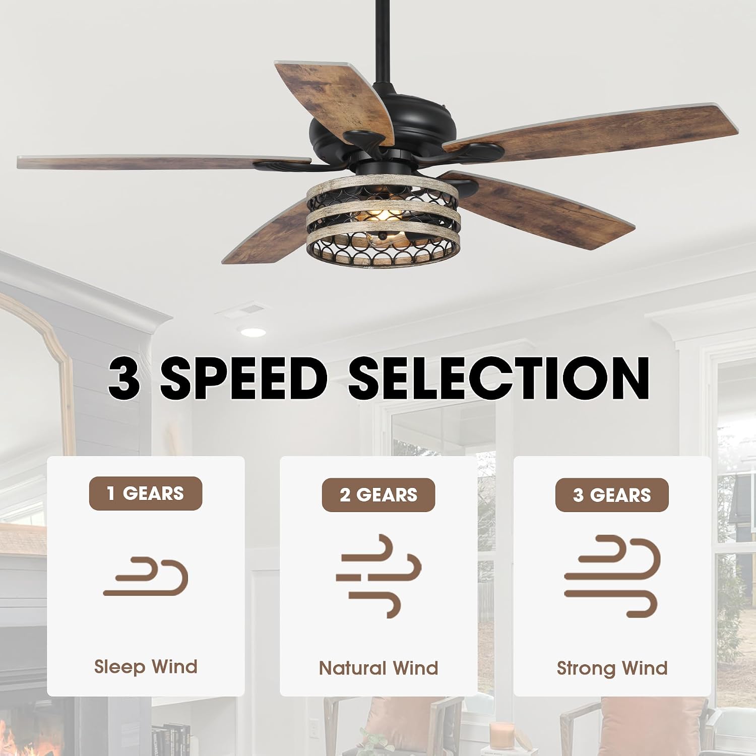 Parrot Uncle Ceiling Fans with Lights and Remote, 52 Inch Farmhouse Ceiling Fan with Light for Bedroom Living Room, Black Outdoor Ceiling Fans for Patios Covered, 3 Speeds, Reversible Airflow