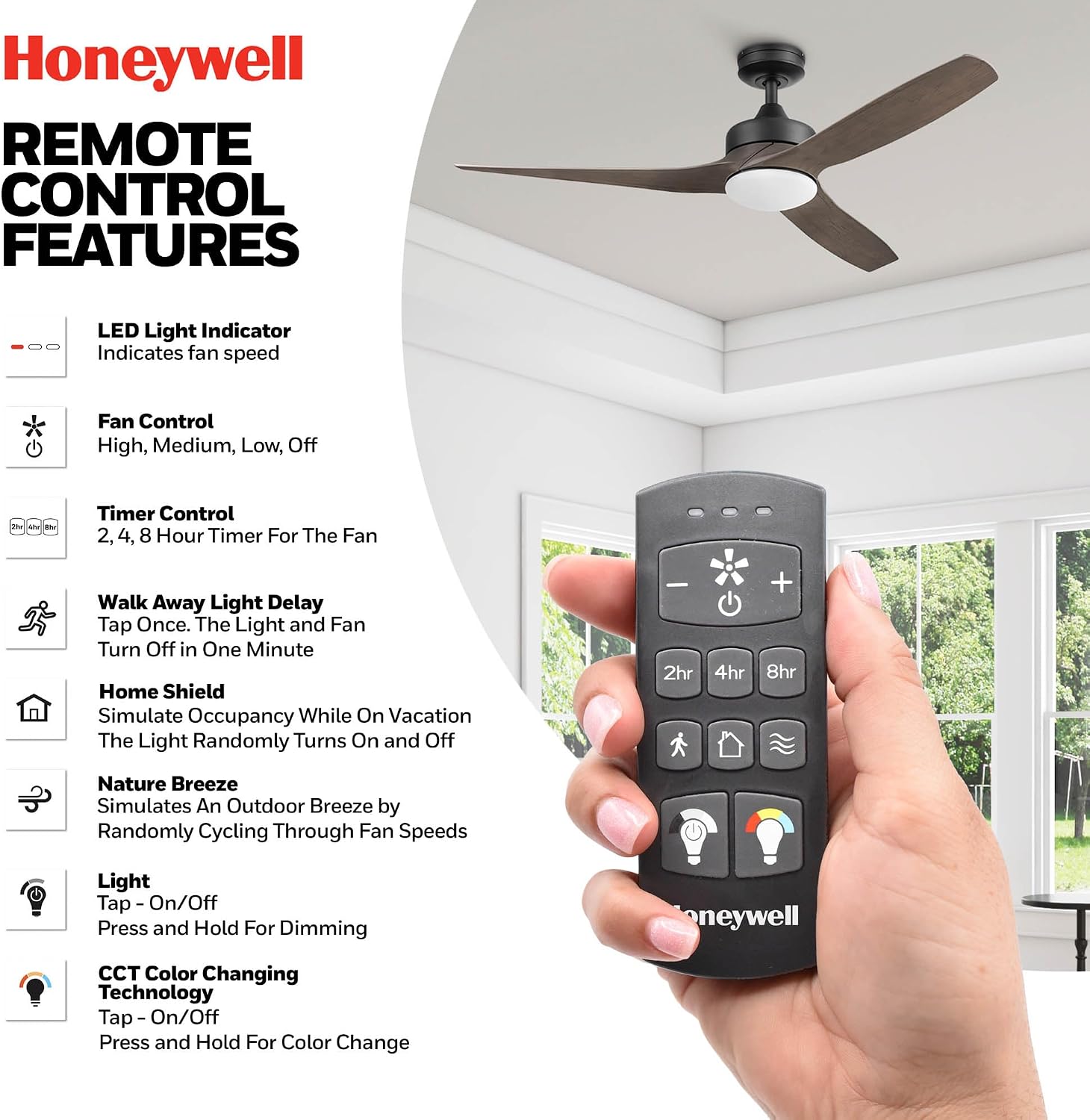 Honeywell Ceiling Fans Lynton, 52 Inch Indoor Outdoor Ceiling Fan with Color Changing LED Light, Remote Control, Charcoal Brown High Performance Blades, Reversible Airflow - 51853-01 (Black)