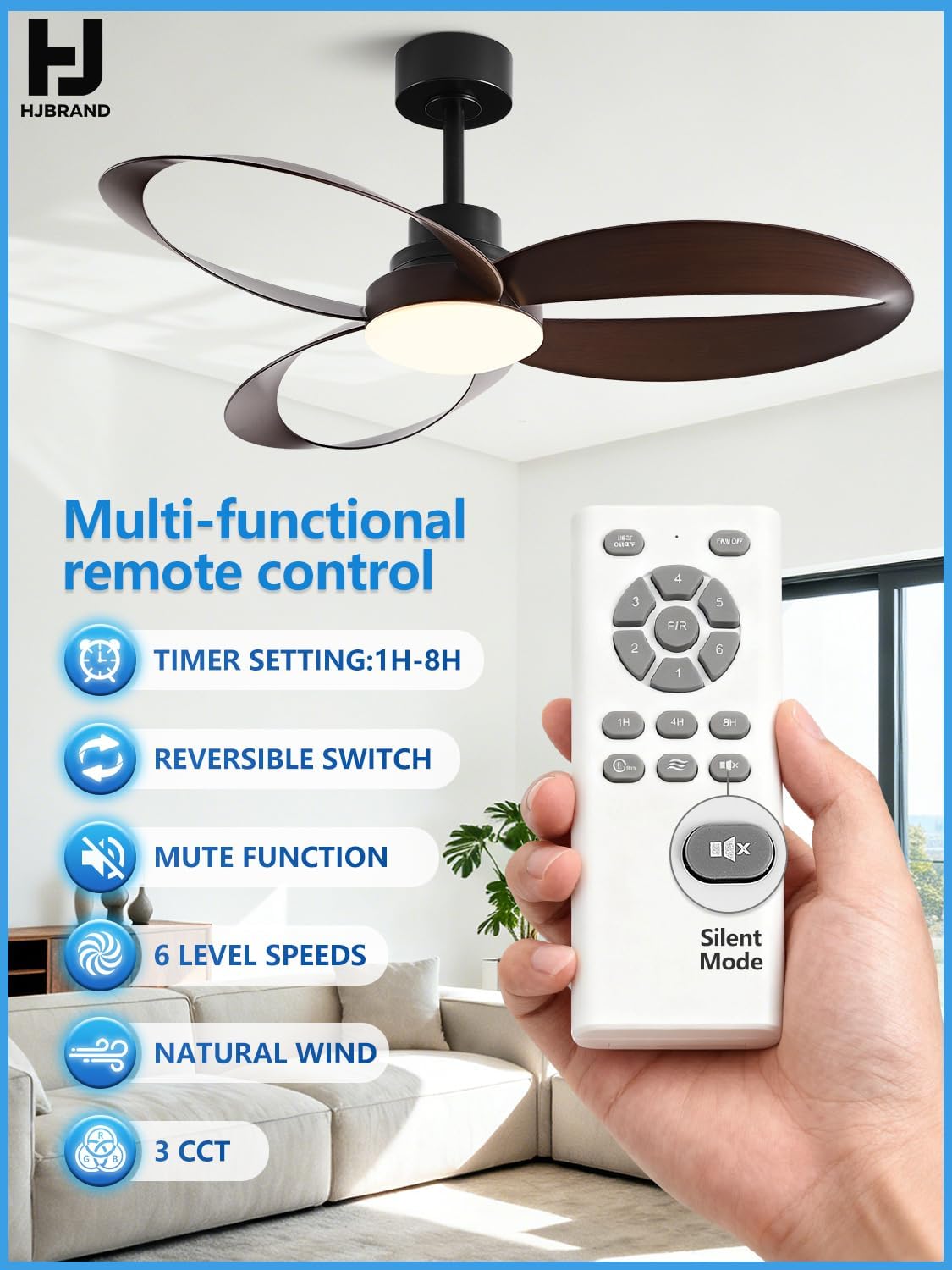 52 inch Ceiling Fans with Lights and Remote Black Strong Wind,special 3 Blades Noiseless Reversible DC Motor 6 Speeds with 3 CCT,for Patio Living Room Bedroom Office Indoor Outdoor,Black+Dark Walnut