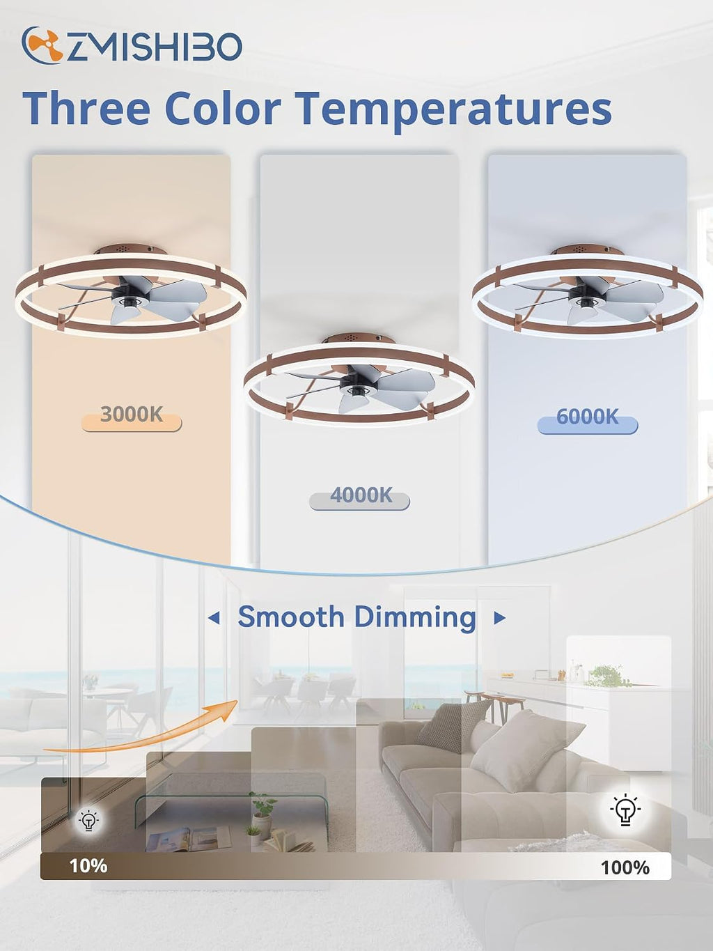 ZMISHIBO 24 Inch Ceiling Fans with Lights and Remote, Modern Low Profile Ceiling Fan, 3000-6000K Dimmable Flush Mount LED Fan Light, 6 Wind Speeds, Fandelier Ceiling Fans for Bedroom- Brown