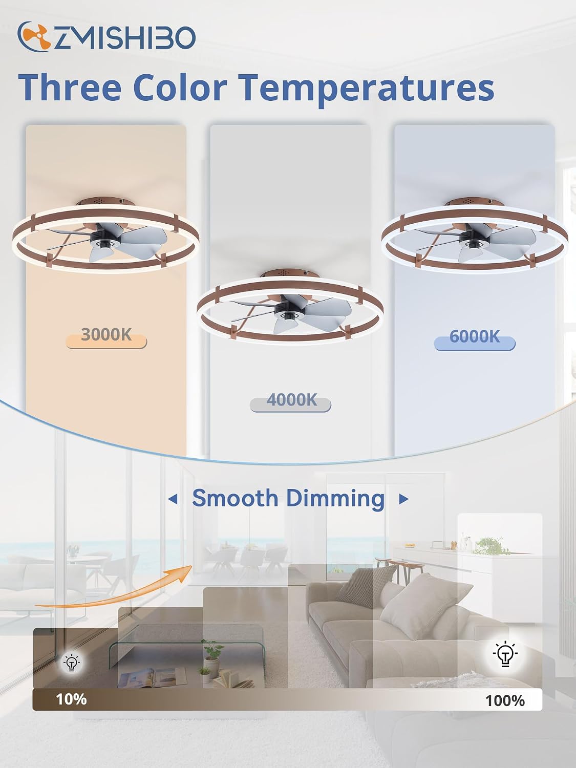 ZMISHIBO 24 Inch Ceiling Fans with Lights and Remote, Modern Low Profile Ceiling Fan, 3000-6000K Dimmable Flush Mount LED Fan Light, 6 Wind Speeds, Fandelier Ceiling Fans for Bedroom- Brown