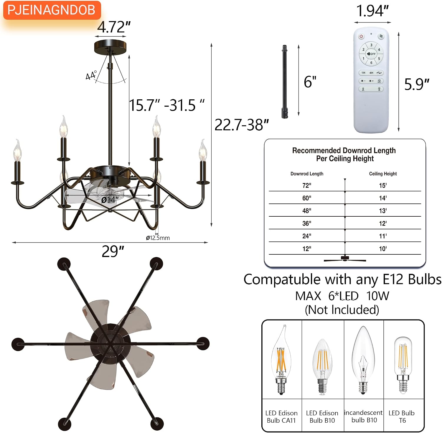 Ceiling Fan with Branch-Shaped Candlestick Chandelier 10%-100% Dimmable Rustic Hanging Chandelier for Bedroom, Dining Room, Kitchen Island, Foyer, Hallway-Black 29'