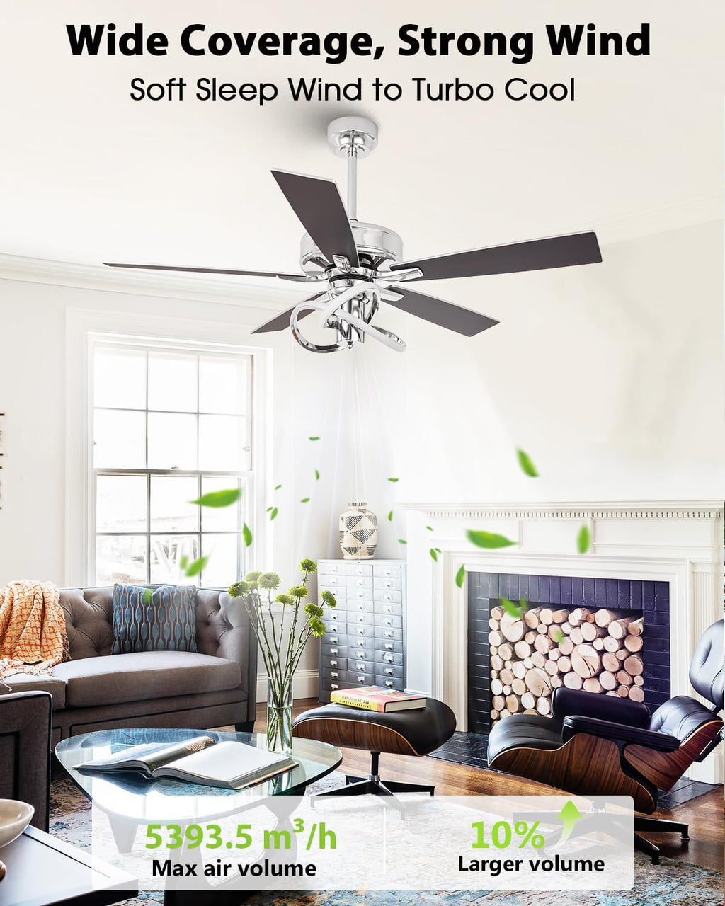 52 Inch Ceiling Fans with Lights, Creative Modern Silver Ceiling Fan and Remote, 3CCT, 6 Speeds, Quiet, Dual-Sided Reversible 5 Blades Indoor Outdoor Chandelier Fan for Bedroom Living Room