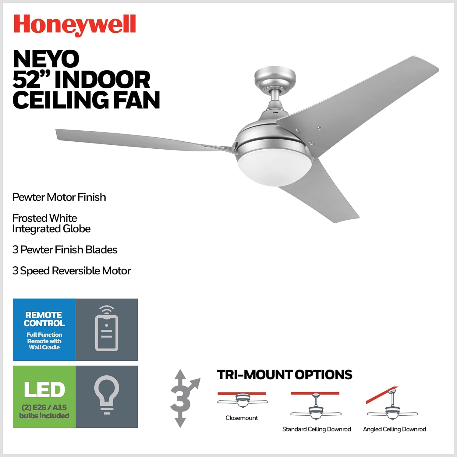 Honeywell Ceiling Fans Neyo, 52 Inch Contemporary Indoor LED Ceiling Fan with Light, Remote Control, Modern High Performance Blades, Reversible Motor Model- 51802-01 (Silver)