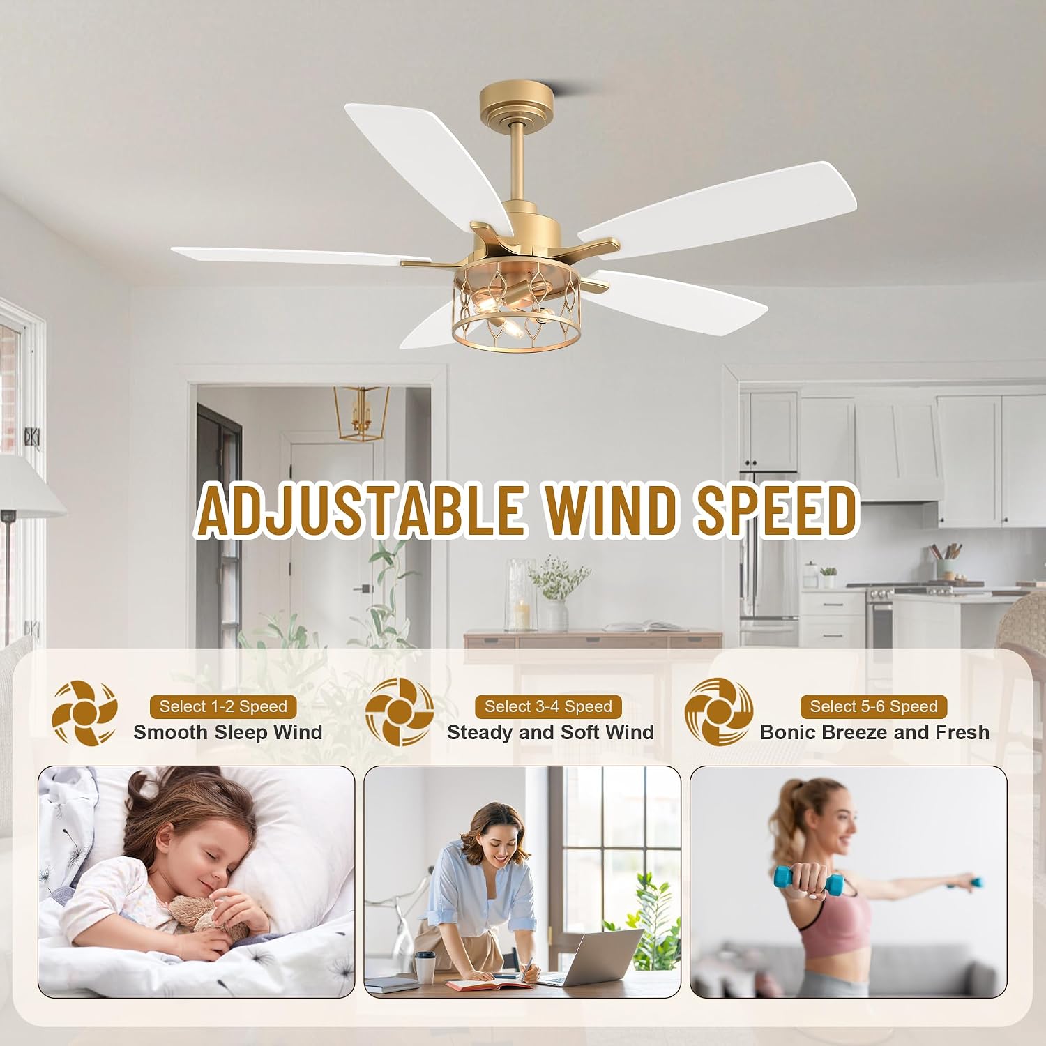52' Farmhouse Ceiling Fans with Lights and Remote,Chandelier Ceiling Fan with 5 Double Colour Blades,Reversible DC Motor,Rustic Caged Ceiling Fan for Living Room,Dining Room,Bedroom
