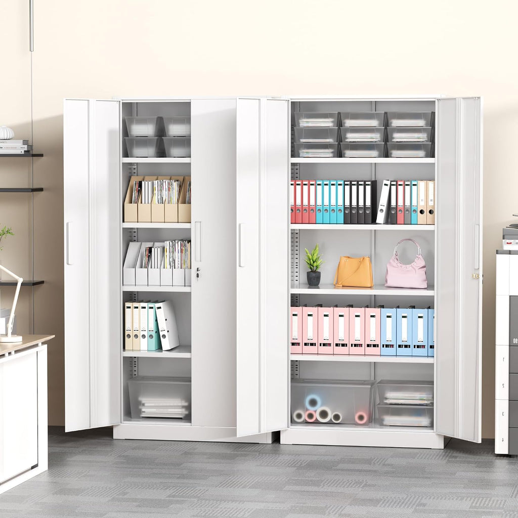 Greenvelly White Metal Storage Cabinet, 72' Steel Locking Cabinet with Doors and 4 Adjustable Shelves, Tall Tool Cabinets Lockable File Cabinet for Home Office, Metal Classroom Cabinet for Garage