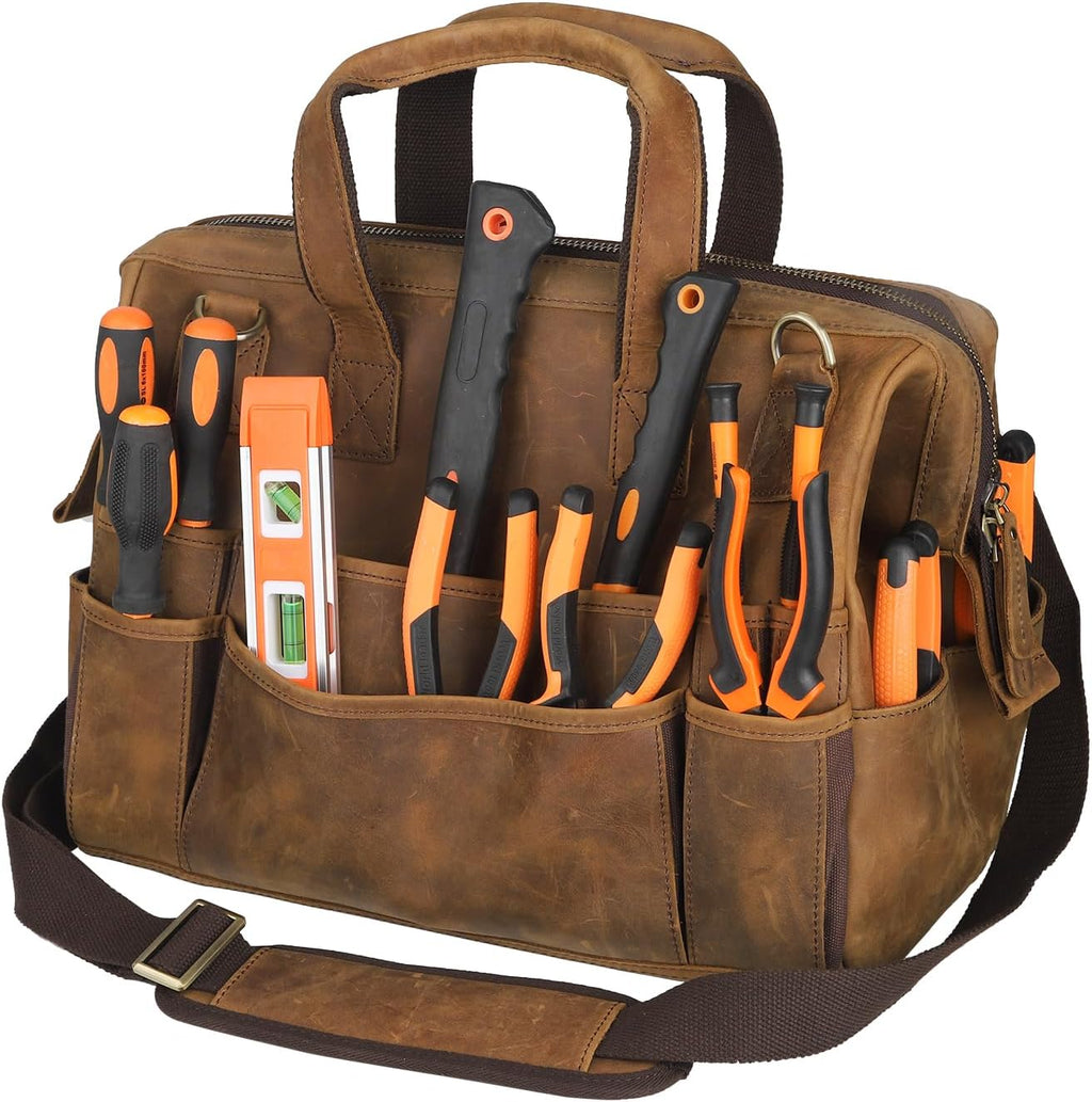 Leather Tool Bag Wide Mouth Tool Storage Bag for Hand Tools 16 inch Tool Tote Bag, Gardening, Outdoorsmen, Heavy Duty Organizer Electrician Tool Bag