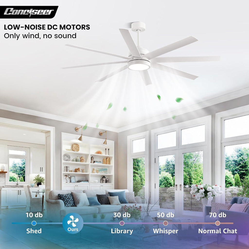 Modern Ceiling Fans with Lights, 65 Inch Ceiling Fan with Light and Remote for Bedroom Living Room Kitchen Office, Indoor/Outdoor Use, 24W 3CCT 8 Blades 6 Speed Reversible Quiet DC Motor, White