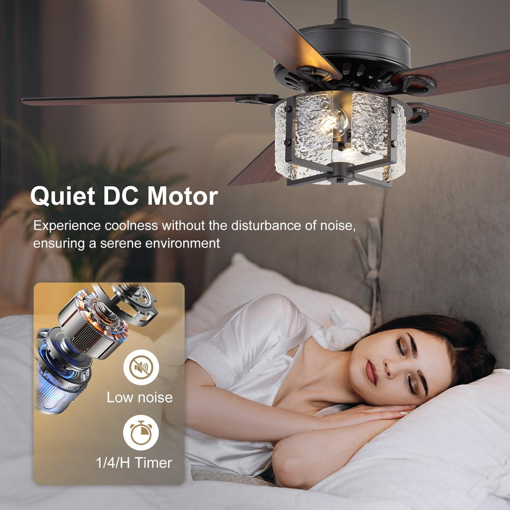 52 Inch Modern Farmhouse Ceiling Fan with Light Kit & Remote, Ultra Quiet DC Motor, Reversible 5-Blade Design, Antique Light Fixture, Dual Downrod for Low/High Ceilings - Vintage Black