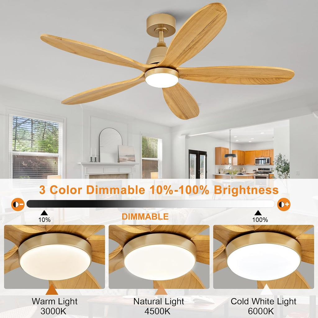 52 Inch Wood Ceiling Fans with Lights and Remote, Modern Outdoor Ceiling Fan with Light for Patio, Wall Switch, Dimmable, 5 Blades, Reversible DC Motor, Memory Function (Gold)