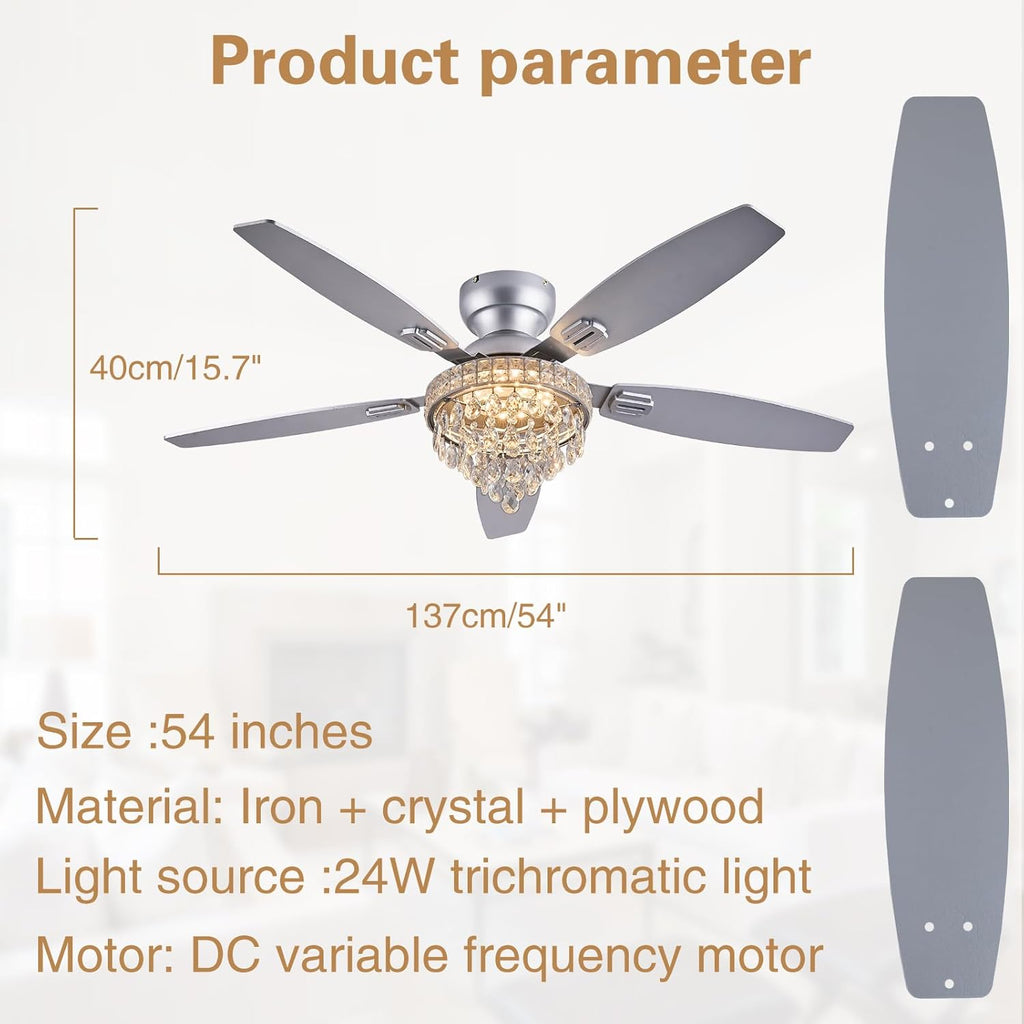 Crystal Ceiling Fan Fandelier with Lights-Ceiling Fans with Lights,54' Low Profile and Remote Control, Flush Mount, Reversible, Dimmable, Noiseless, Sliver Ceiling Fan for Bedroom