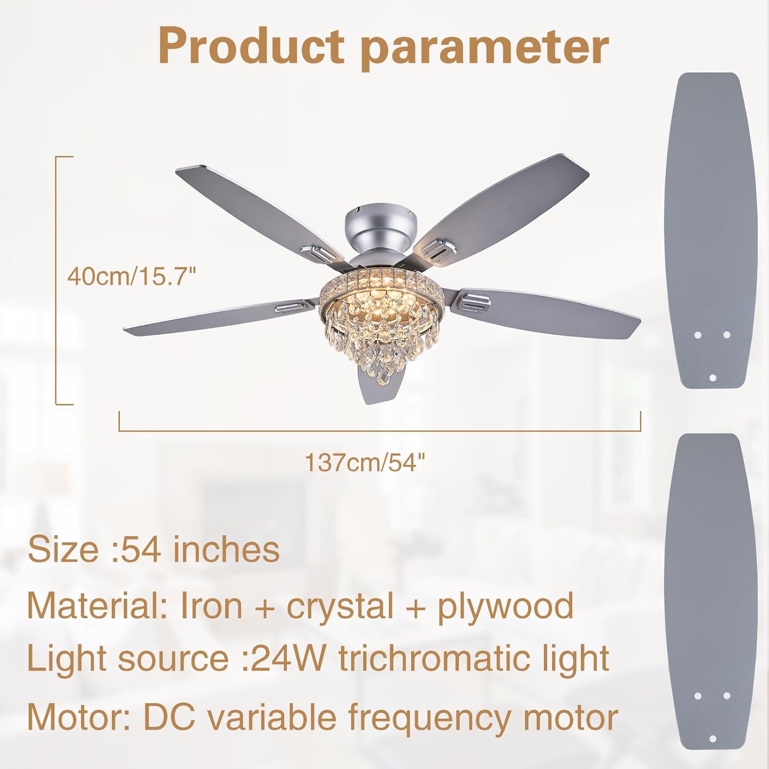 Crystal Ceiling Fan Fandelier with Lights-Ceiling Fans with Lights,54' Low Profile and Remote Control, Flush Mount, Reversible, Dimmable, Noiseless, Sliver Ceiling Fan for Bedroom